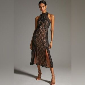 Anthropologie Structured Midi Dress Black Lace